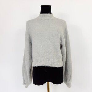 HELLO HEART GREY BALLOON SLEEVE FURRY SWEATER SIZE SMALL